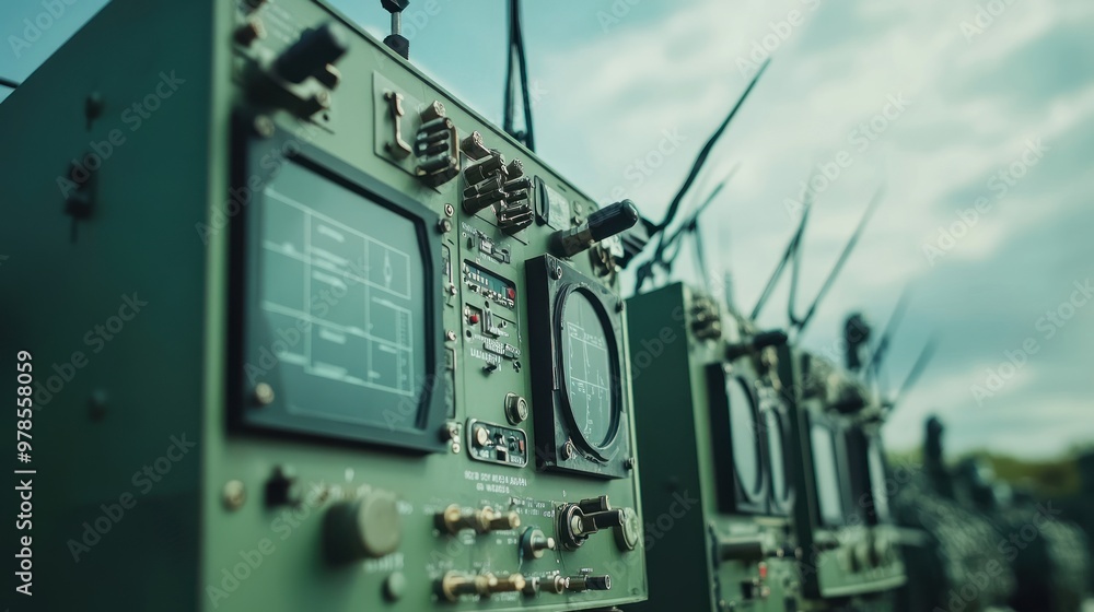 Aufkleber a row of military communication devices with screens and antennas for signal processing.