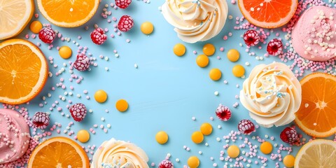Blue Background With Orange Slices, Meringue Cookies and Sprinkles