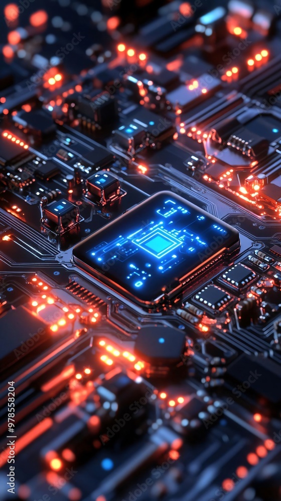 Poster close-up of a modern microchip on a circuit board with glowing lights, showcasing advanced technolog