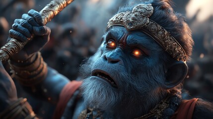 A stunning blue monkey warrior with glowing eyes, adorned in elaborate armor, ready for battle in a mystical realm.