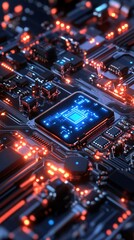 Obraz premium Close-up of a modern microchip on a circuit board with glowing lights, showcasing advanced technology and intricate design.