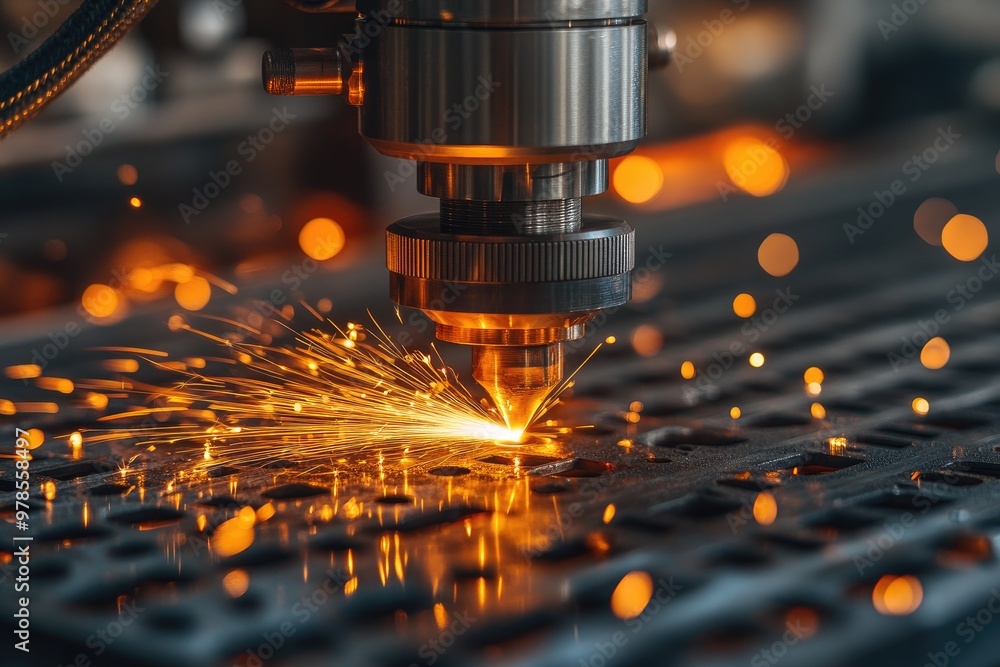 Aufkleber laser cutting machine creating sparks while cutting metal sheet