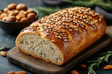Loaf of freshly baked white bread lying on wooden board