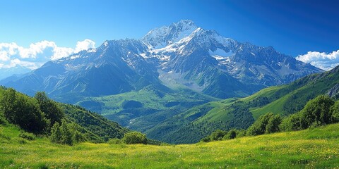 Majestic mountain peak dominating the lush green valley