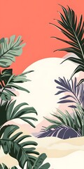 Tropical Leaves Illustration with a Coral Pink Background