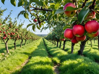 Fototapeta premium Apple on trees in orchard in fall season