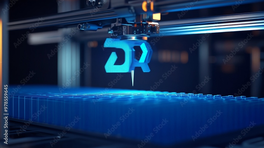 Poster a close-up view of a 3d printer creating a blue model, showcasing advanced technology and innovative