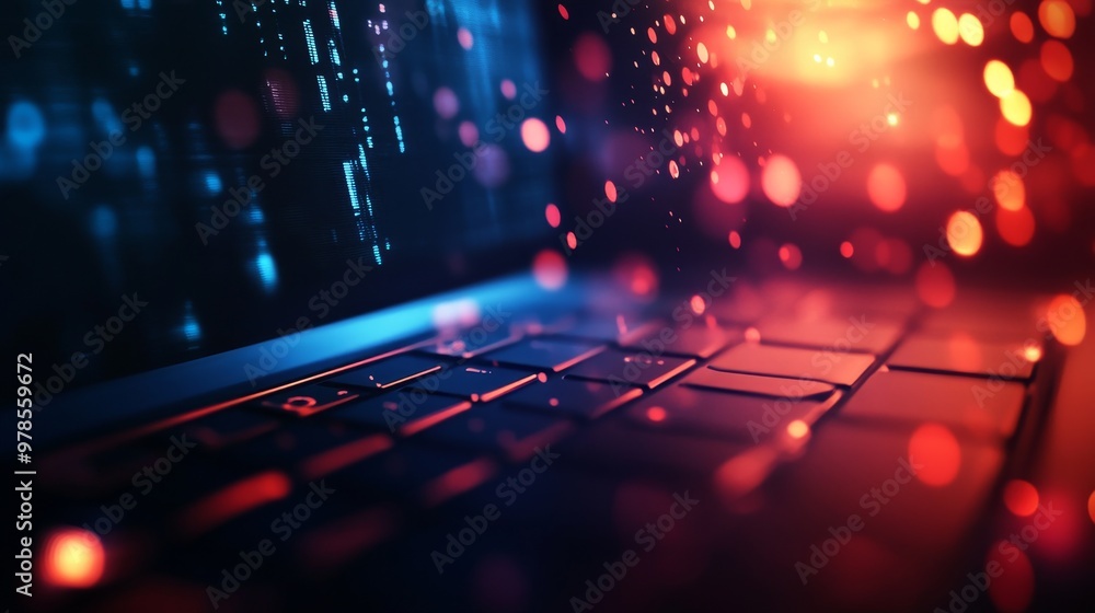 Poster a close-up view of a laptop keyboard with a vibrant digital background, showcasing a blend of colors