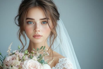 Naklejka premium Beautiful bride holding wedding bouquet posing for bridal portrait