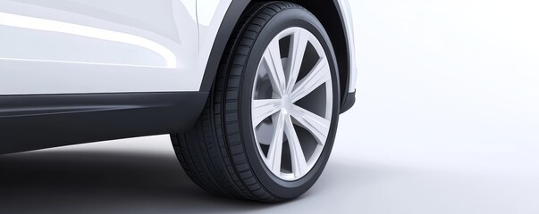A close-up view of a modern car wheel showcasing the tire tread and alloy design against a minimalist background.