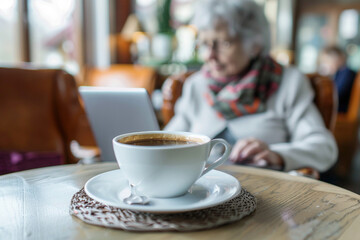 Senior woman working in cafe with coffee cappuccino cup on the table. Comfortable place to work for freelancer concept
