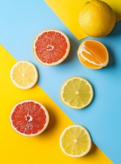 Fresh Citrus Fruits on a Yellow and Blue Background