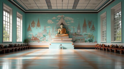 Fototapeta premium A serene temple interior featuring a majestic Buddha statue against a beautifully painted mural, inviting peace and reflection.