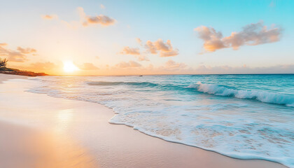 Obraz premium Crystal-clear turquoise waters with gentle waves lapping at a pristine beach under a golden sunset