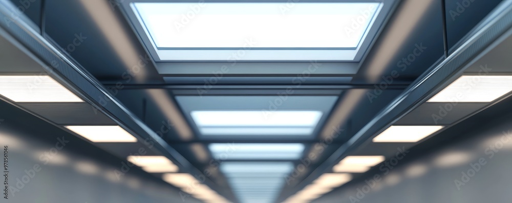 Poster a modern ceiling design featuring skylights and artificial lights, creating an illuminated, spacious