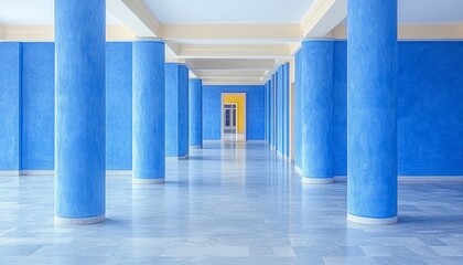 Blue Columns Leading to a Yellow Doorway