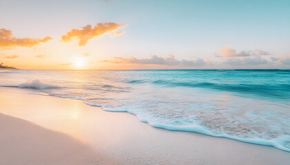 Obraz premium Crystal-clear turquoise waters with gentle waves lapping at a pristine beach under a golden sunset