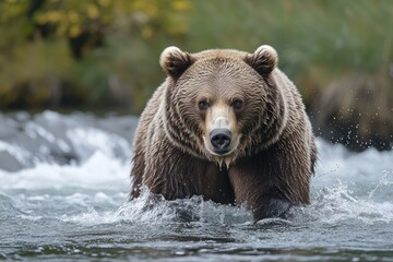 Fototapeta premium Large brown bear walking in river looking for salmon