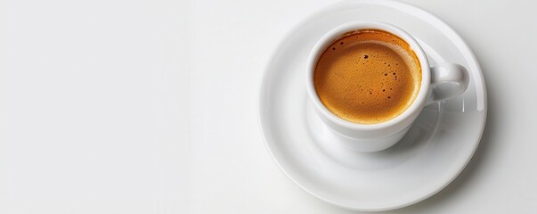 Freshly brewed espresso with crema, white background, morning beverage