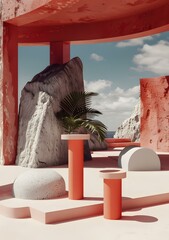 Abstract Minimalist Landscape with Palm Trees and Rock Formations