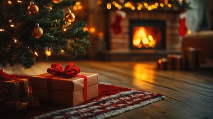 Christmas gift under tree with fireplace in background