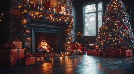 Obraz premium Burning fireplace illuminating christmas tree and presents in a cozy living room