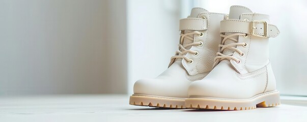 Pair of stylish boots with buckles, white background, fashion footwear