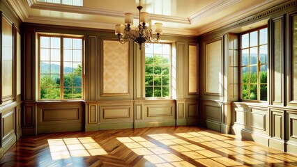 Fototapeta premium Elegant empty room showcasing classic wall paneling and expansive windows that allow abundant sunlight to create a refined atmosphere.