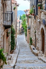 Cobblestone Street in a European Village