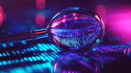 A vibrant magnifying glass reveals colorful data patterns, symbolizing analysis, research, and curiosity in a digital environment.