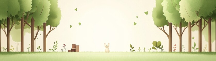 A serene forest scene with trees, a bench, and light breezes, creating a peaceful atmosphere for relaxation and reflection.