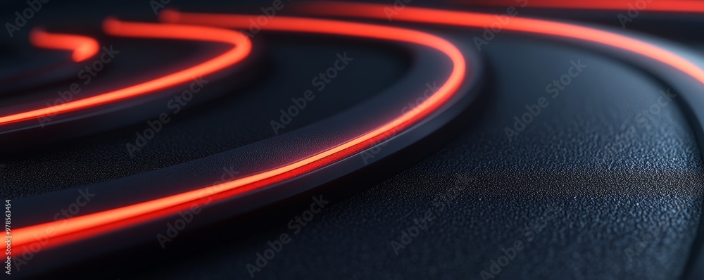 Poster abstract design featuring smooth curves of glowing red light against a dark background, creating a s