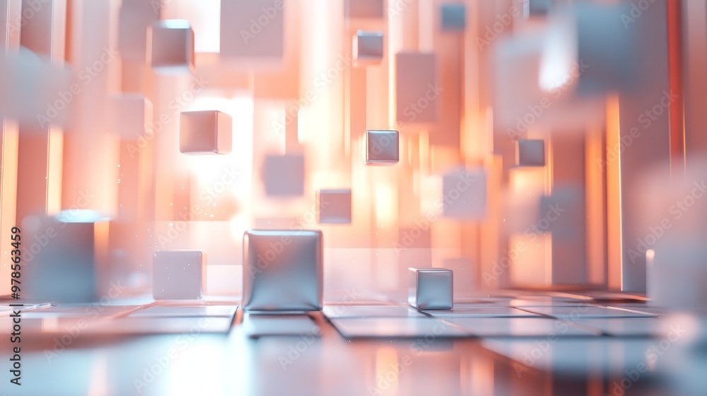 Poster abstract composition of floating cubes in a futuristic environment with soft lighting and vibrant co