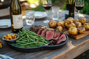 Sliced roast beef tenderloin being served with green beans and potatoes