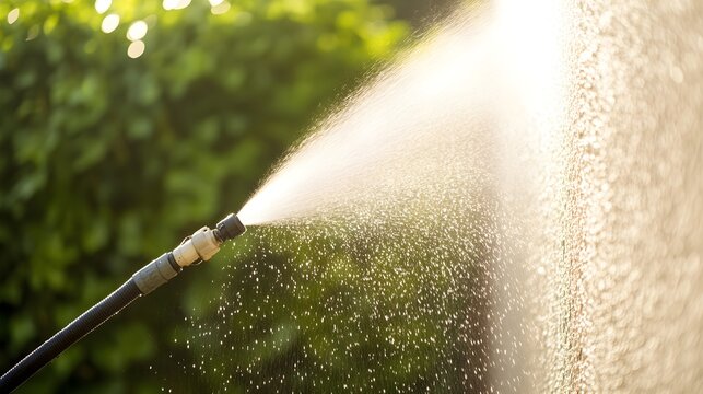 A dirty, algae-covered wall is being cleaned by a power washer, the high-pressure spray peeling away layers of grime