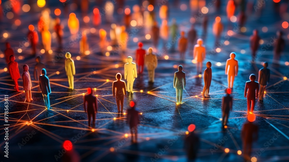 Poster abstract digital network with colorful silhouettes of people connected by glowing lines representing