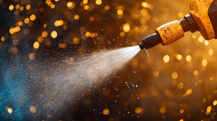 A dramatic scene of a pressure washer cleaning a heavily stained wall, with water spray and grime flying off the surface