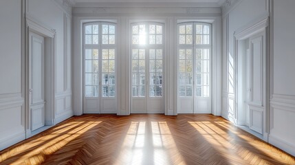 Fototapeta premium Sunlight shining through windows in a white room with herringbone floor