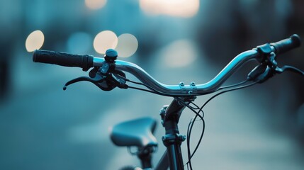 Close-up of a bicycle handlebar, showcasing the intricate details and a blurred urban background, perfect for cycling enthusiasts.