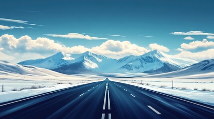Straight asphalt highway road and snow mountains with sky clouds natural landscape. generative ai