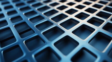 Close-up of a blue metal mesh pattern, featuring geometric shapes and a sleek, modern design that conveys texture and depth.