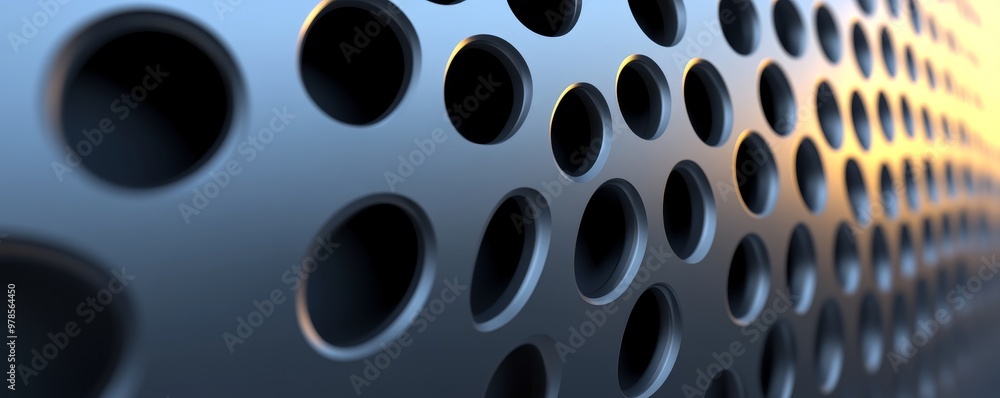 Poster close-up of a metallic surface with circular perforations, highlighting texture and depth in modern 