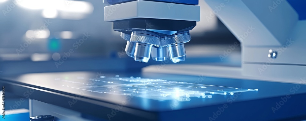 Aufkleber close-up of a microscope analyzing a sample, showcasing advanced technology in a bright laboratory e