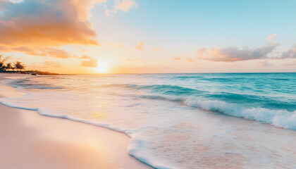 Fototapeta premium Crystal-clear turquoise waters with gentle waves lapping at a pristine beach under a golden sunset
