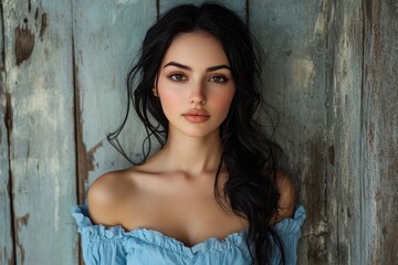 Fototapeta premium Attractive brunette model posing in front of blue wall background