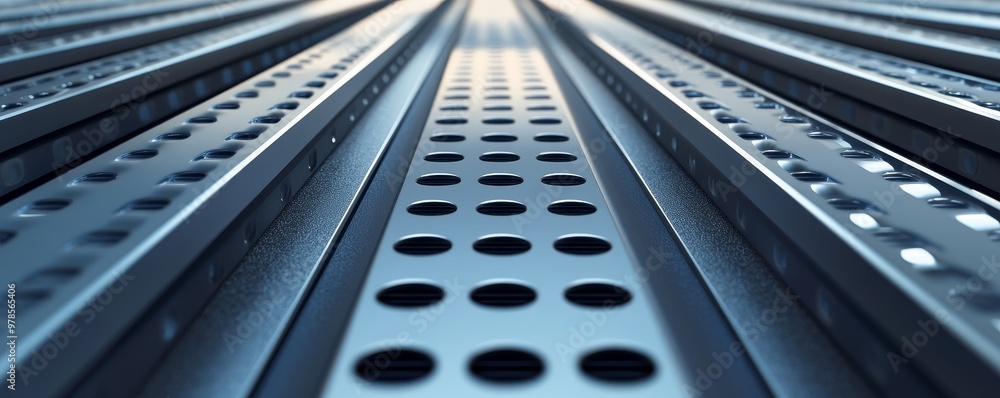 Poster close-up of metallic perforated panels creating a modern, industrial aesthetic with a hint of light 