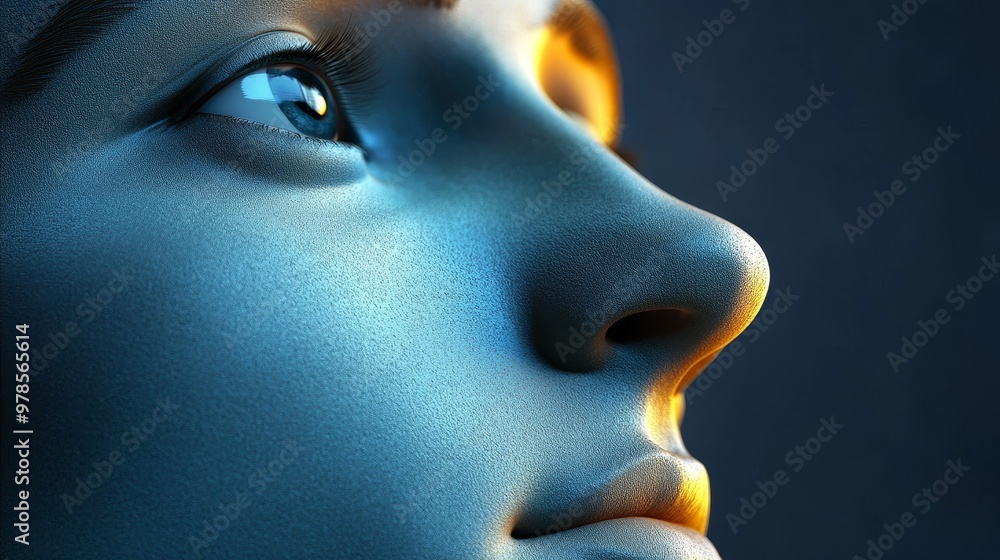 Poster close-up profile of a serene face illuminated by soft light, highlighting smooth skin and captivatin