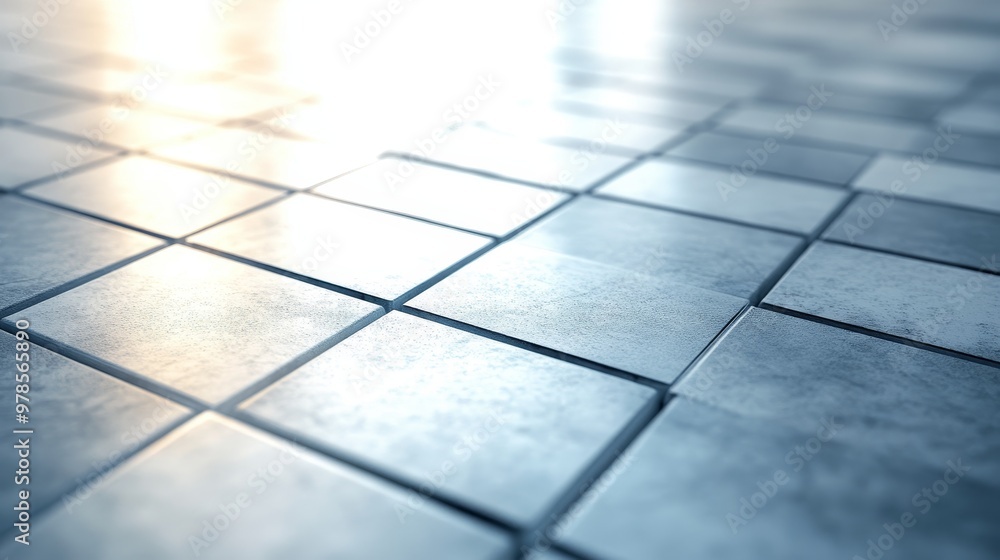 Poster close-up view of a modern tiled floor, showcasing the texture and light reflections on the surface.
