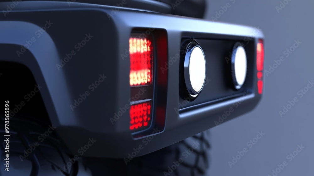 Poster close-up view of a modern vehicle bumper with illuminated tail lights, highlighting sleek design and