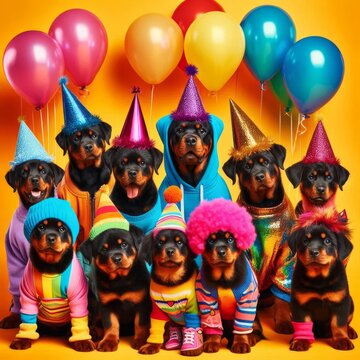Creative animal concept. Group of Rottweiler dog puppy in funky Wacky wild mismatch colourful outfits on bright background advertisement, copy space. birthday party invite invitation banner
